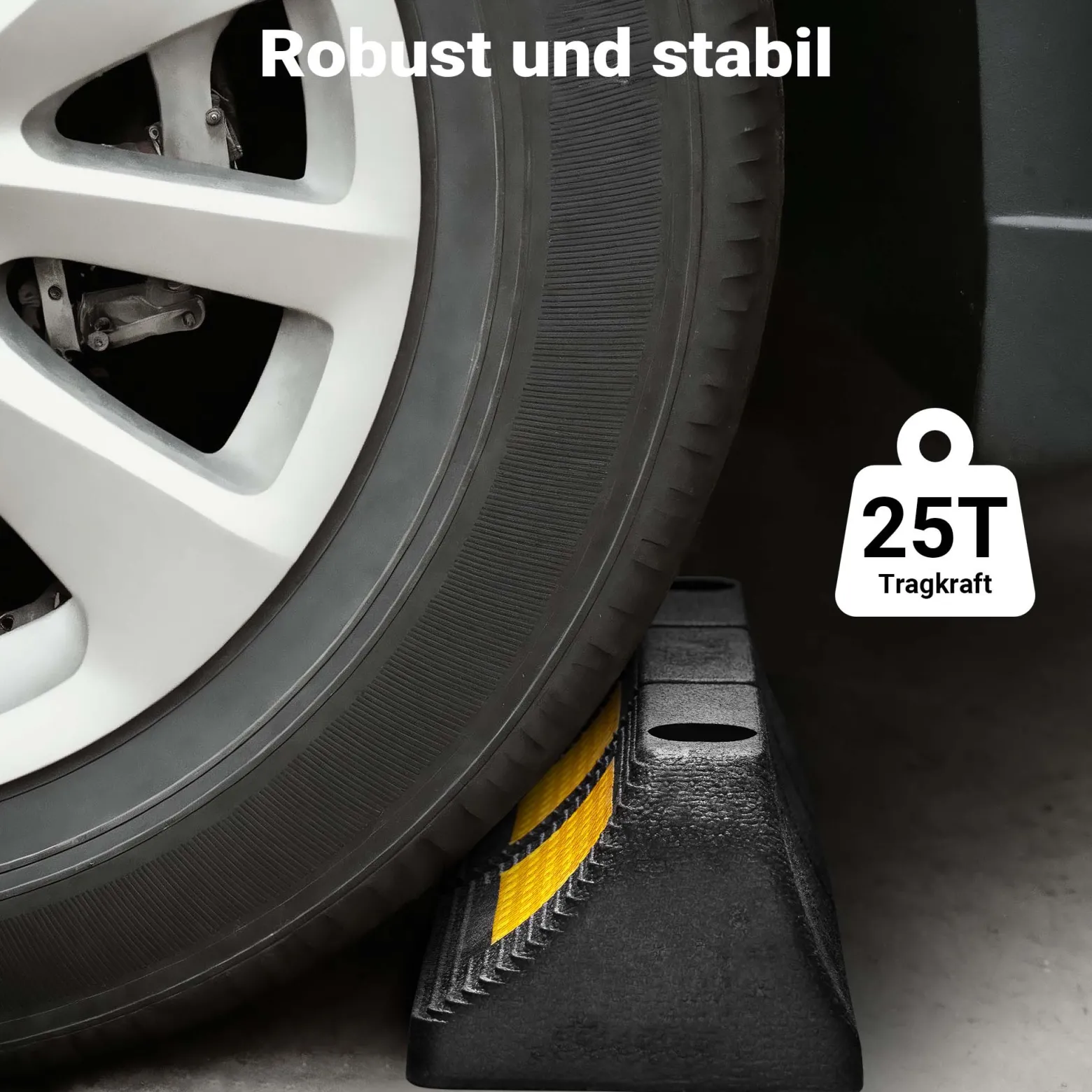Wiltec Radstopper 47,5 x 12 x 8 cm, 2x Einparkhilfe aus Gummi, Parkplatzbegrenzung mit gelben Reflexionsstreifen & Schraubrillen, Parkplatzsperre für Garage