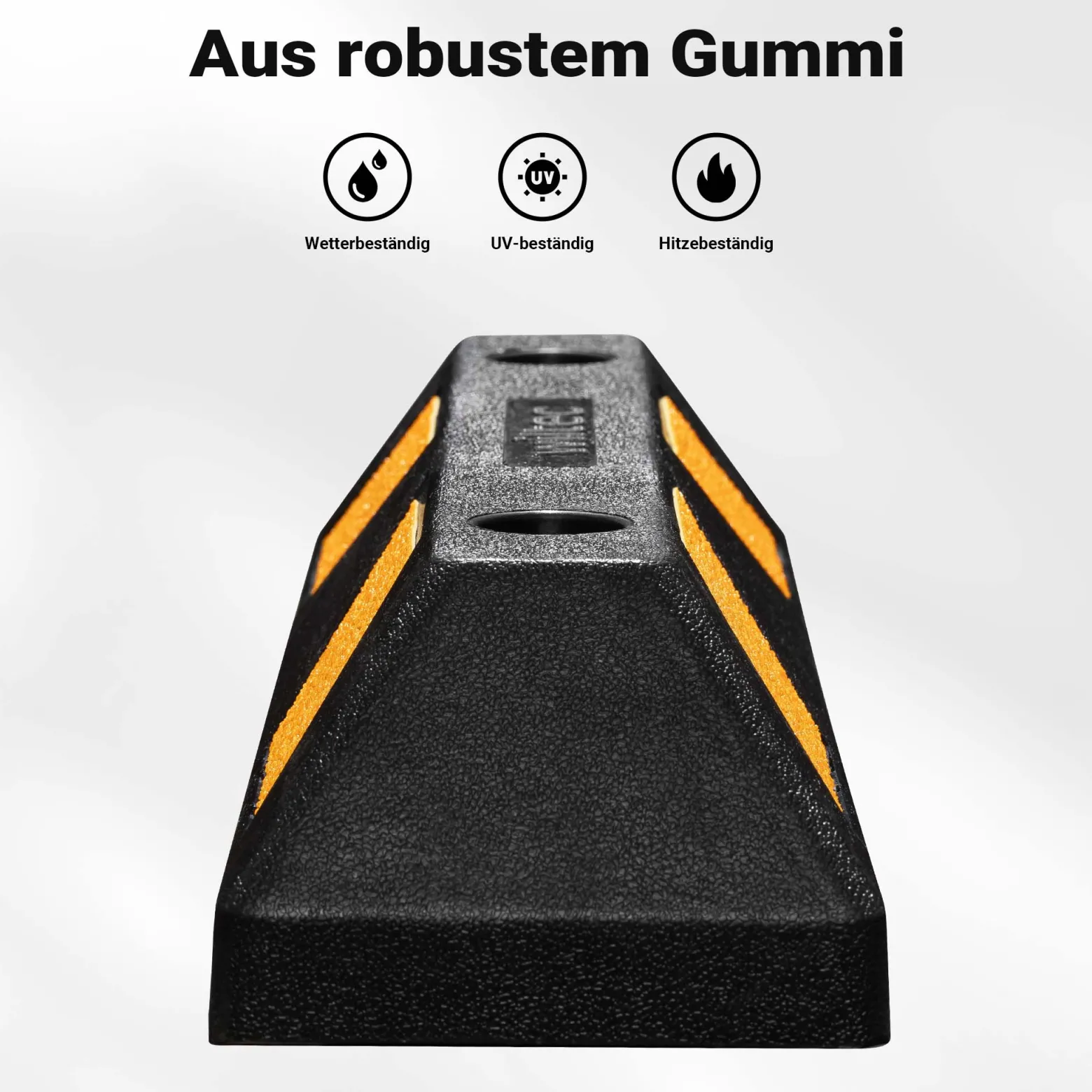 Wiltec Radstopper 55 x 15 x 10 cm, 2x Einparkhilfe aus Gummi, Parkplatzbegrenzung mit gelben Reflexionsstreifen & Schraubrillen, Parkplatzsperre für Garage