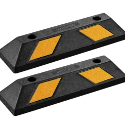 Wiltec Radstopper 55 x 15 x 10 cm, 2x Einparkhilfe aus Gummi, Parkplatzbegrenzung mit gelben Reflexionsstreifen & Schraubrillen, Parkplatzsperre für Garage