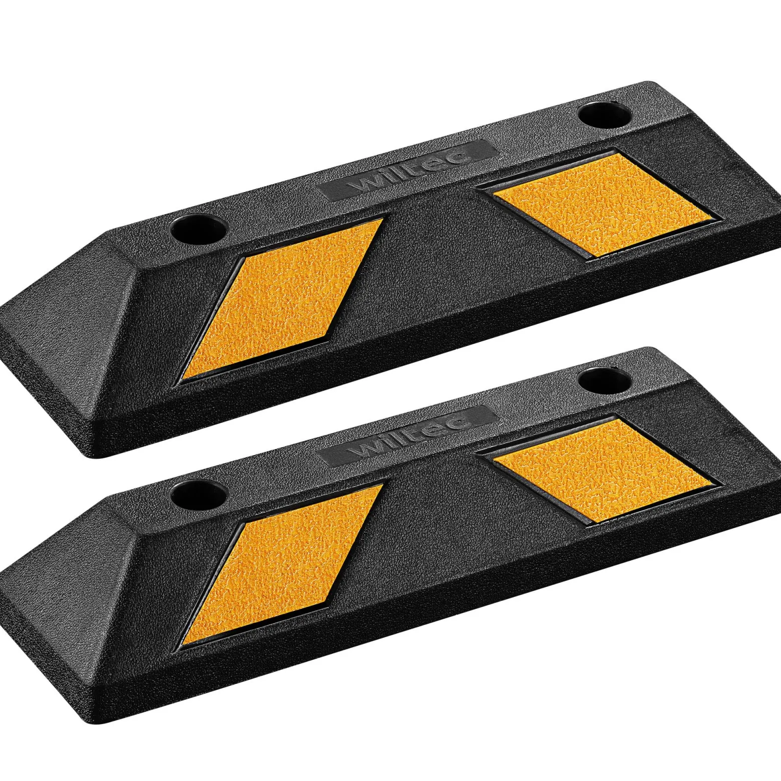 Wiltec Radstopper 55 x 15 x 10 cm, 2x Einparkhilfe aus Gummi, Parkplatzbegrenzung mit gelben Reflexionsstreifen & Schraubrillen, Parkplatzsperre für Garage