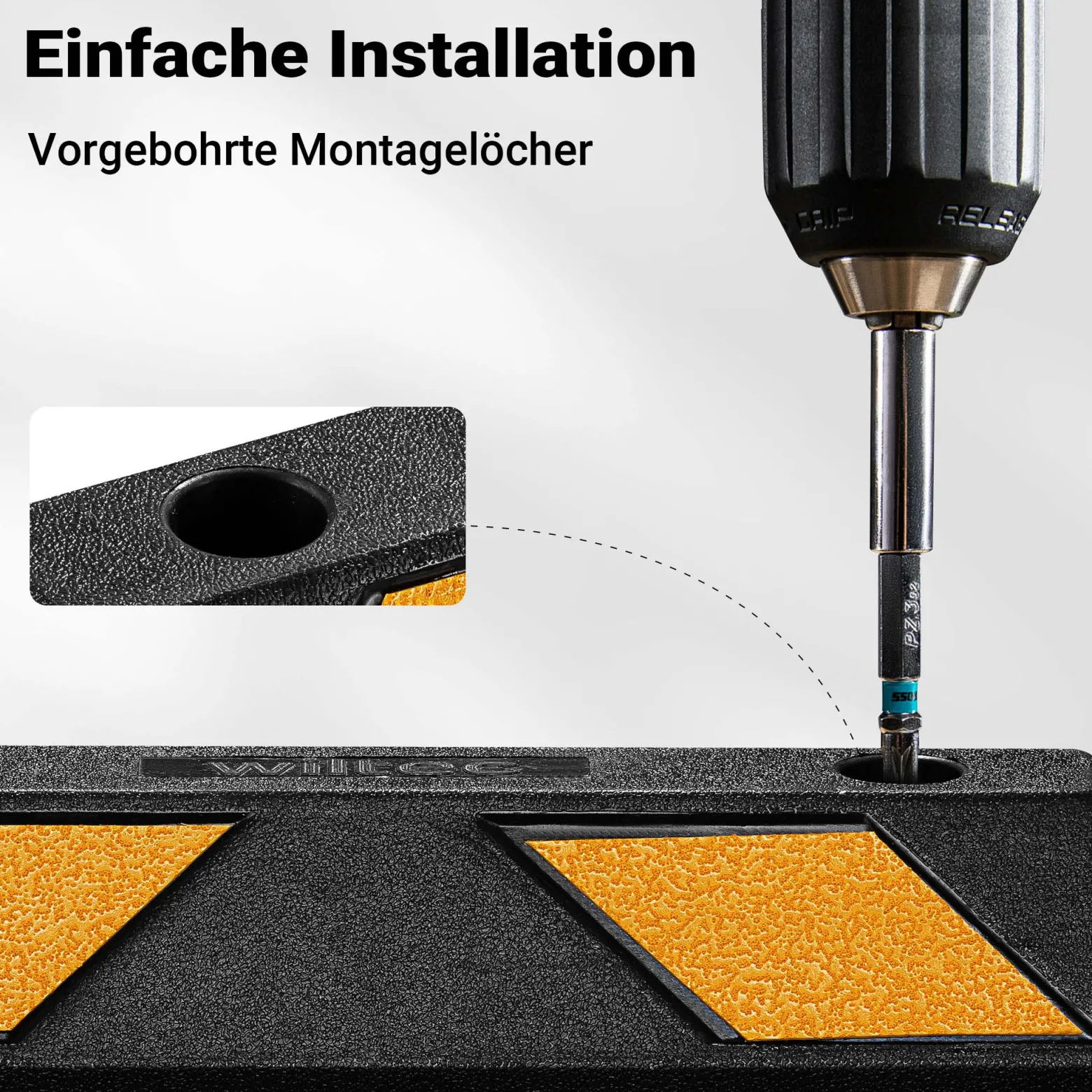 Wiltec Radstopper 55 x 15 x 10 cm, 2x Einparkhilfe aus Gummi, Parkplatzbegrenzung mit gelben Reflexionsstreifen & Schraubrillen, Parkplatzsperre für Garage