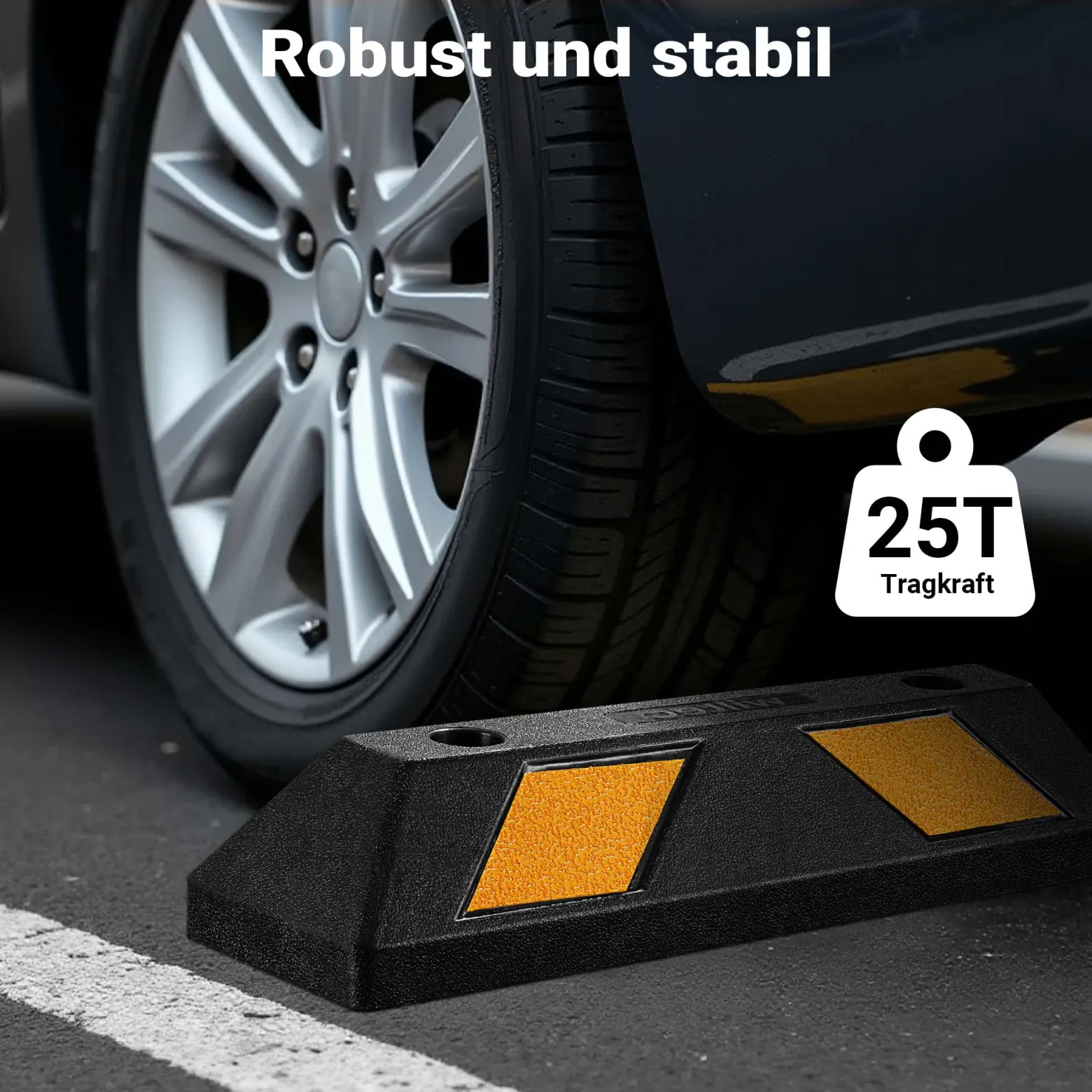 Wiltec Radstopper 55 x 15 x 10 cm, 2x Einparkhilfe aus Gummi, Parkplatzbegrenzung mit gelben Reflexionsstreifen & Schraubrillen, Parkplatzsperre für Garage