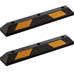 Wiltec Radstopper 90 x 15 x 10 cm, 2x Einparkhilfe aus Gummi, Parkplatzbegrenzung mit gelben Reflexionsstreifen & Schraubrillen, Parkplatzsperre für Garage