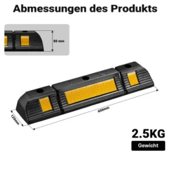 Wiltec Radstopper 60 x 12 x 8 cm, 2x Einparkhilfe aus Gummi, Parkplatzbegrenzung mit gelben Reflexionsstreifen & Schraubrillen, Parkplatzsperre für Garage