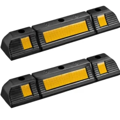 Wiltec Radstopper 60 x 12 x 8 cm, 2x Einparkhilfe aus Gummi, Parkplatzbegrenzung mit gelben Reflexionsstreifen & Schraubrillen, Parkplatzsperre für Garage
