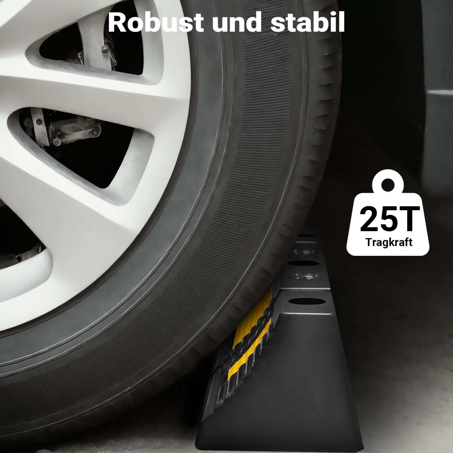 Wiltec Radstopper 60 x 12 x 8 cm, 2x Einparkhilfe aus Gummi, Parkplatzbegrenzung mit gelben Reflexionsstreifen & Schraubrillen, Parkplatzsperre für Garage