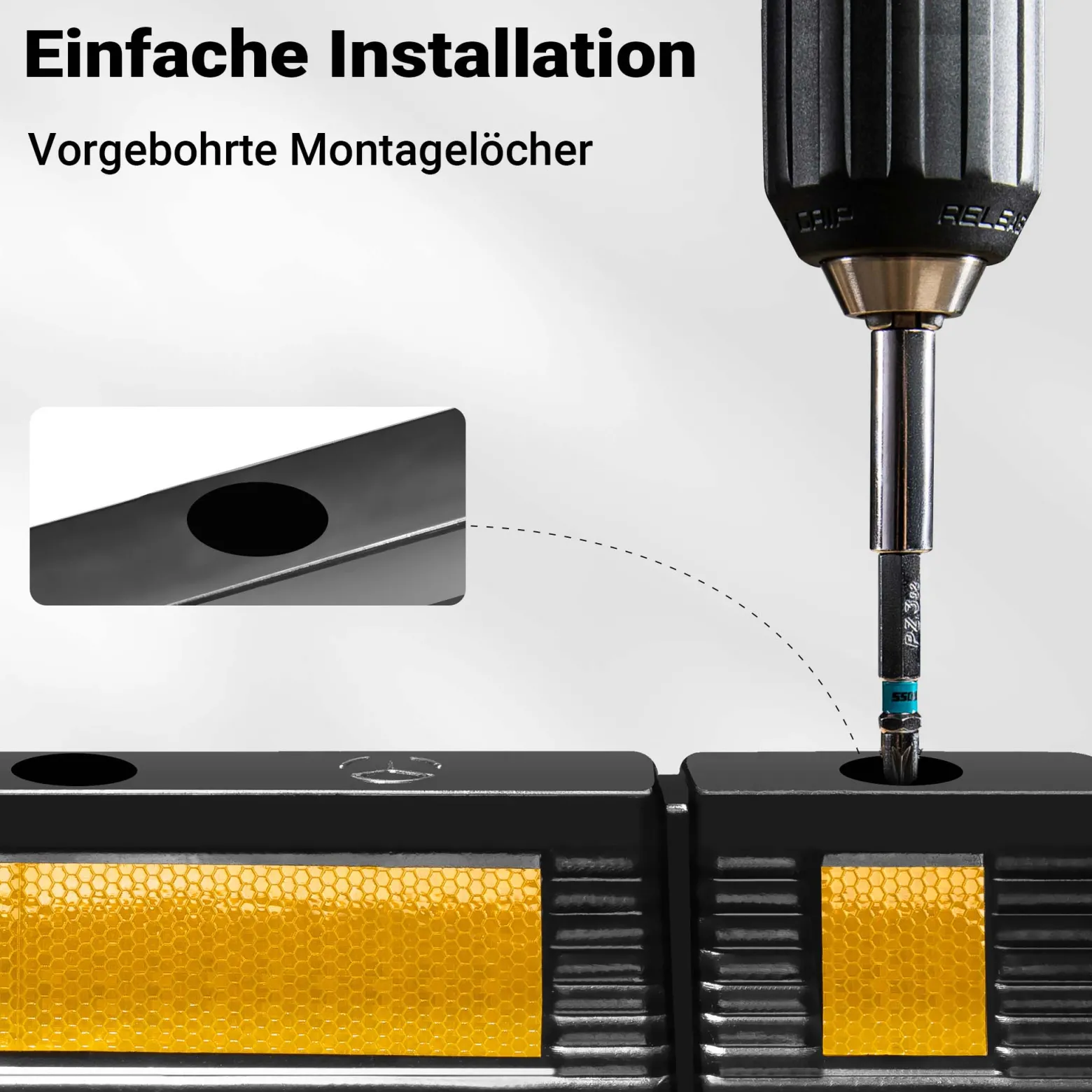 Wiltec Radstopper 60 x 12 x 8 cm, 2x Einparkhilfe aus Gummi, Parkplatzbegrenzung mit gelben Reflexionsstreifen & Schraubrillen, Parkplatzsperre für Garage