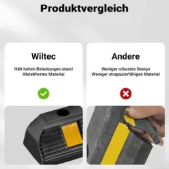 Wiltec Radstopper 60 x 12 x 8 cm, 2x Einparkhilfe aus Gummi, Parkplatzbegrenzung mit gelben Reflexionsstreifen & Schraubrillen, Parkplatzsperre für Garage