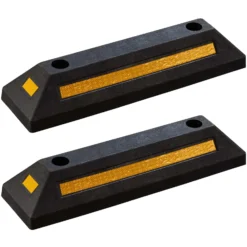 Wiltec Radstopper 56 x 15 x 10 cm, 2x Einparkhilfe aus Gummi, Parkplatzbegrenzung mit gelben Reflexionsstreifen & Schraubrillen, Parkplatzsperre für Garage