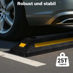 Wiltec Radstopper 56 x 15 x 10 cm, 2x Einparkhilfe aus Gummi, Parkplatzbegrenzung mit gelben Reflexionsstreifen & Schraubrillen, Parkplatzsperre für Garage