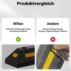 Wiltec Radstopper 56 x 15 x 10 cm, 2x Einparkhilfe aus Gummi, Parkplatzbegrenzung mit gelben Reflexionsstreifen & Schraubrillen, Parkplatzsperre für Garage