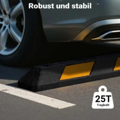 Wiltec Radstopper 120 x 15 x 10 cm, 2x Einparkhilfe aus Gummi, Parkplatzbegrenzung mit gelben Reflexionsstreifen & Schraubrillen, Parkplatzsperre für Garage