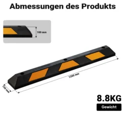 Wiltec Radstopper 120 x 15 x 10 cm, 2x Einparkhilfe aus Gummi, Parkplatzbegrenzung mit gelben Reflexionsstreifen & Schraubrillen, Parkplatzsperre für Garage