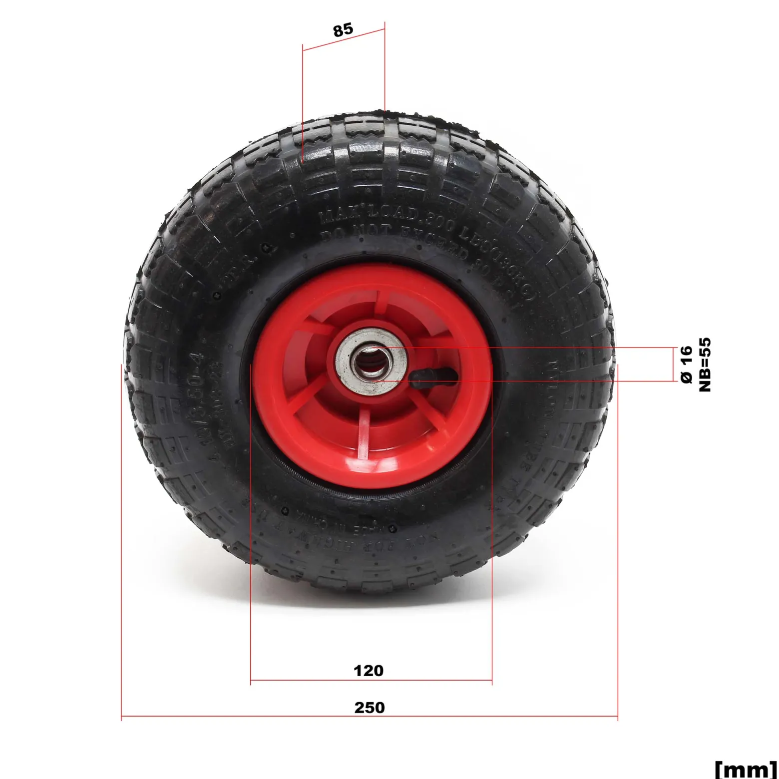 Wiltec Rad 4.10/3.50-4 85 x 250 mm 136 kg, Schubkarren Komplettrad mit Kunststofffelge, Winkelventil, Luftreifen für Sackkarre, Bollerwagen u.a .