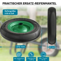 Wiltec Rad 3.50-8 370-380 x 80-100 mm 120 kg, Schubkarren Komplettrad mit Metallfelge, Winkelventil, Luftreifen für Sackkarre, Bollerwagen u.a .