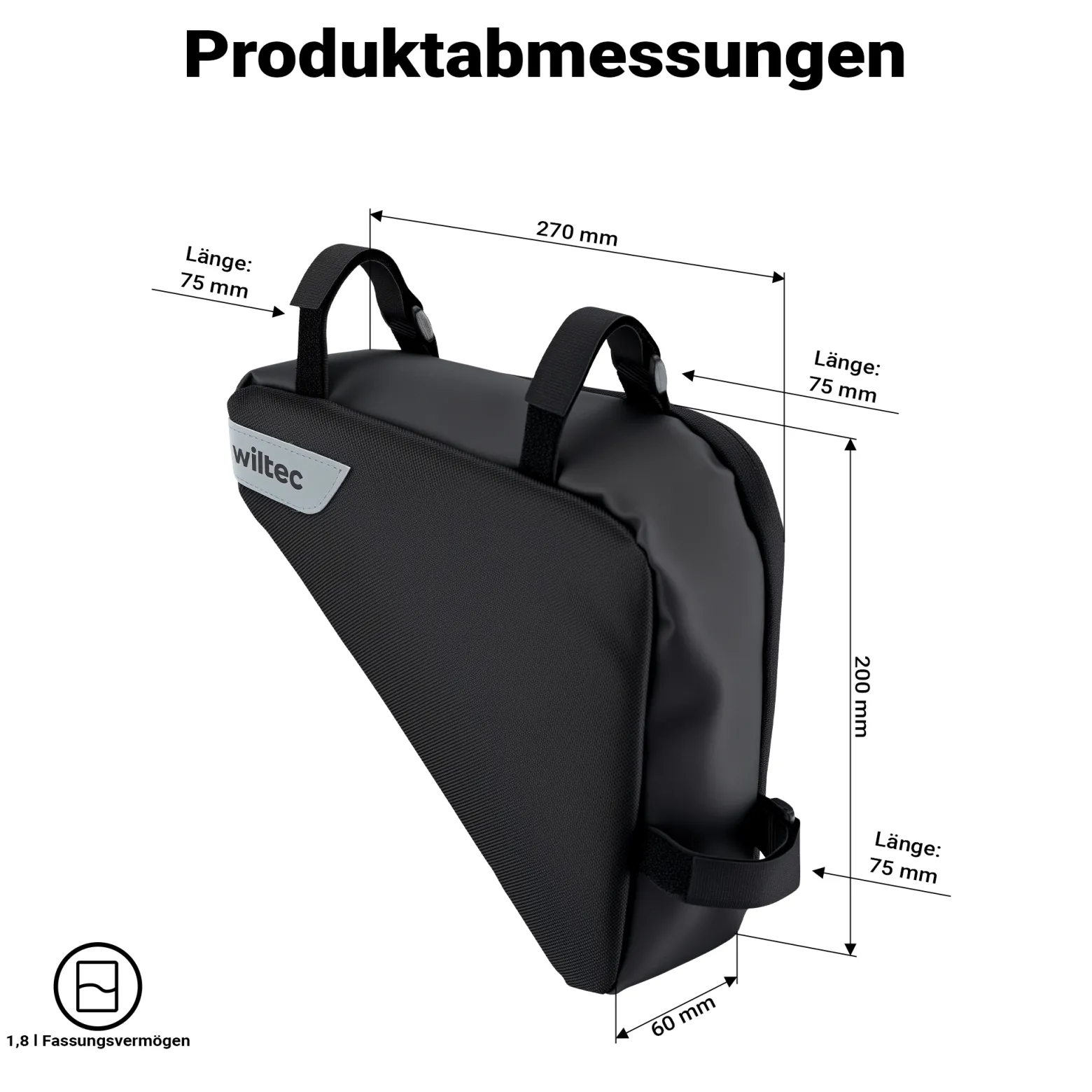 Wiltec Rahmentasche Dreieckstasche 23 x 6 x 20 cm mit 1,5 l Fassungsvermögen, wasserrabweisende Fahrradtasche