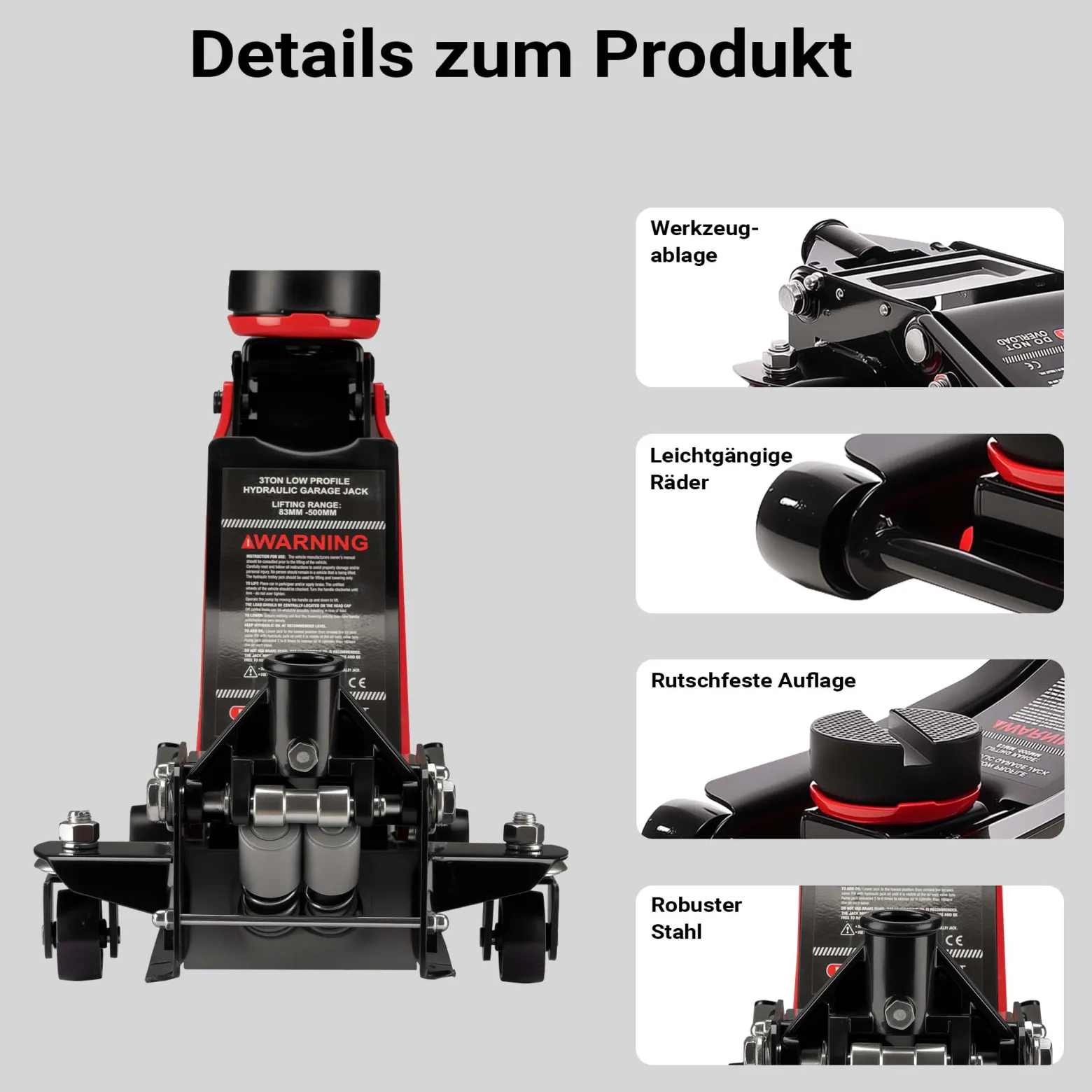 Wiltec Rangierwagenheber hydraulisch 3 t, 85-500 mm Hubhöhe, Fahrbarer Wagenheber, Autoheber mit Doppelkolben und vier Rollen