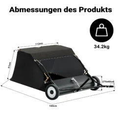 Wiltec Rasenkehrmaschine mit 120 cm Kehrbreite, Rasenkehrer für Aufsitzmäher, Laubsammler mit 415 l Auffangnetz Laubkehrmaschine für Rasentraktor