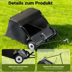 Wiltec Rasenkehrmaschine mit 120 cm Kehrbreite, Rasenkehrer für Aufsitzmäher, Laubsammler mit 415 l Auffangnetz Laubkehrmaschine für Rasentraktor
