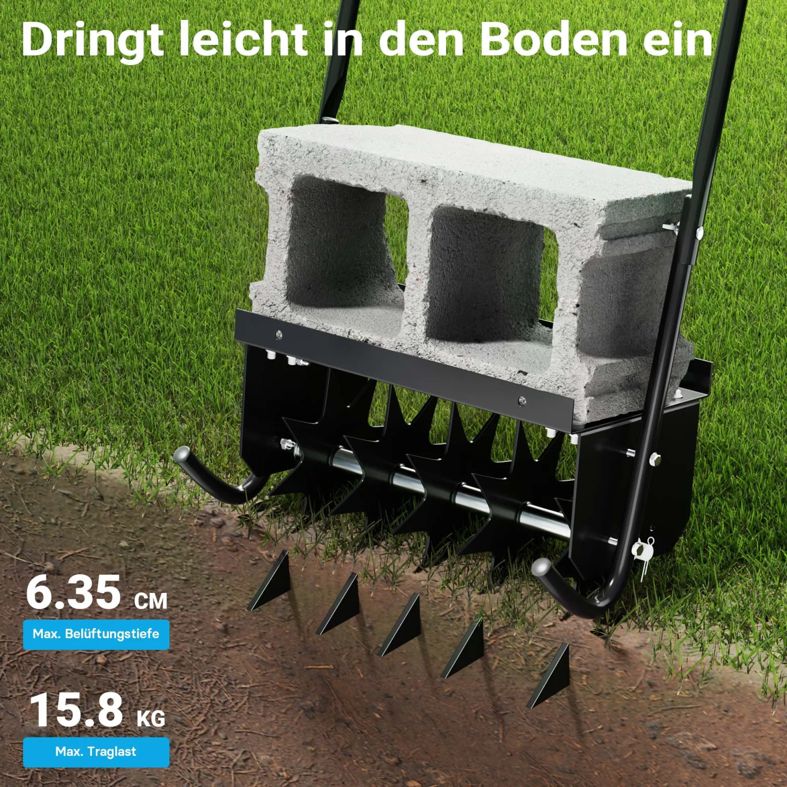 Wiltec Rasenlüfter mit 40 cm Arbeitsbreite und 6,4 cm Arbeitstiefe, Vertikutierer mit 5 Stachel-Scheiben aus Stahl, Aerifizierer zum Rasen belüften