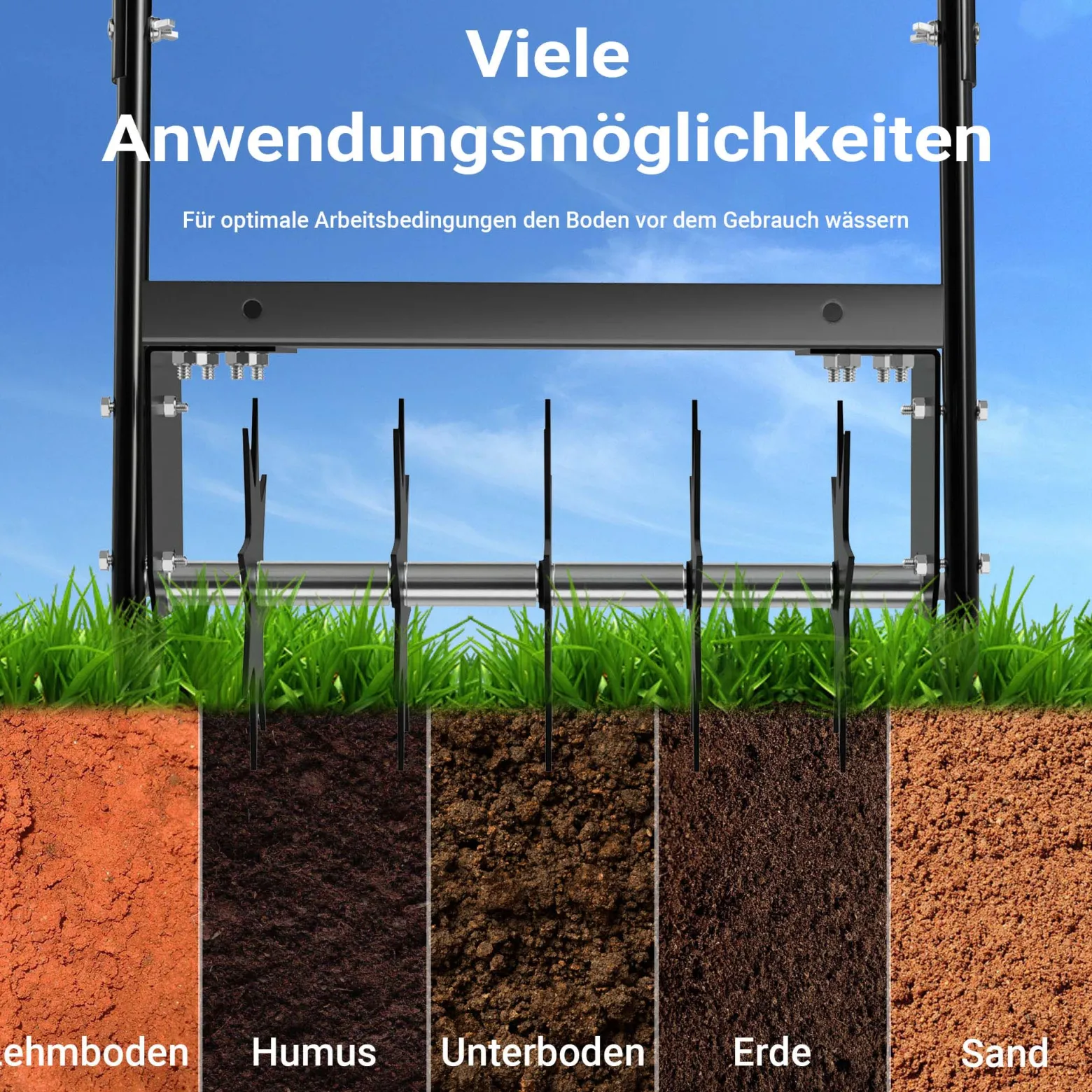 Wiltec Rasenlüfter mit 40 cm Arbeitsbreite und 6,4 cm Arbeitstiefe, Vertikutierer mit 5 Stachel-Scheiben aus Stahl, Aerifizierer zum Rasen belüften
