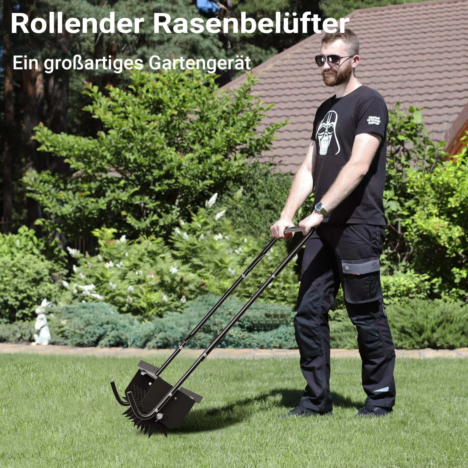Wiltec Rasenlüfter mit 40 cm Arbeitsbreite und 6,4 cm Arbeitstiefe, Vertikutierer mit 5 Stachel-Scheiben aus Stahl, Aerifizierer zum Rasen belüften