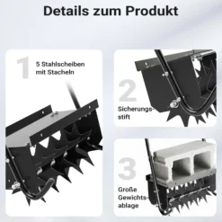 Wiltec Rasenlüfter mit 40 cm Arbeitsbreite und 6,4 cm Arbeitstiefe, Vertikutierer mit 5 Stachel-Scheiben aus Stahl, Aerifizierer zum Rasen belüften