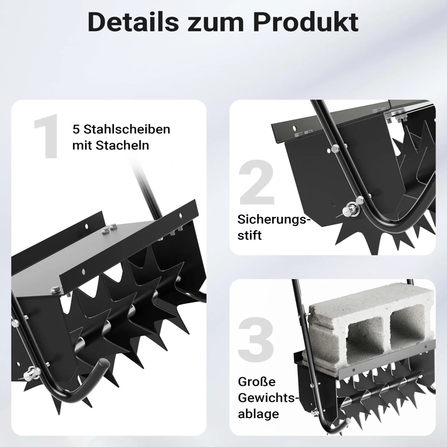 Wiltec Rasenlüfter mit 40 cm Arbeitsbreite und 6,4 cm Arbeitstiefe, Vertikutierer mit 5 Stachel-Scheiben aus Stahl, Aerifizierer zum Rasen belüften