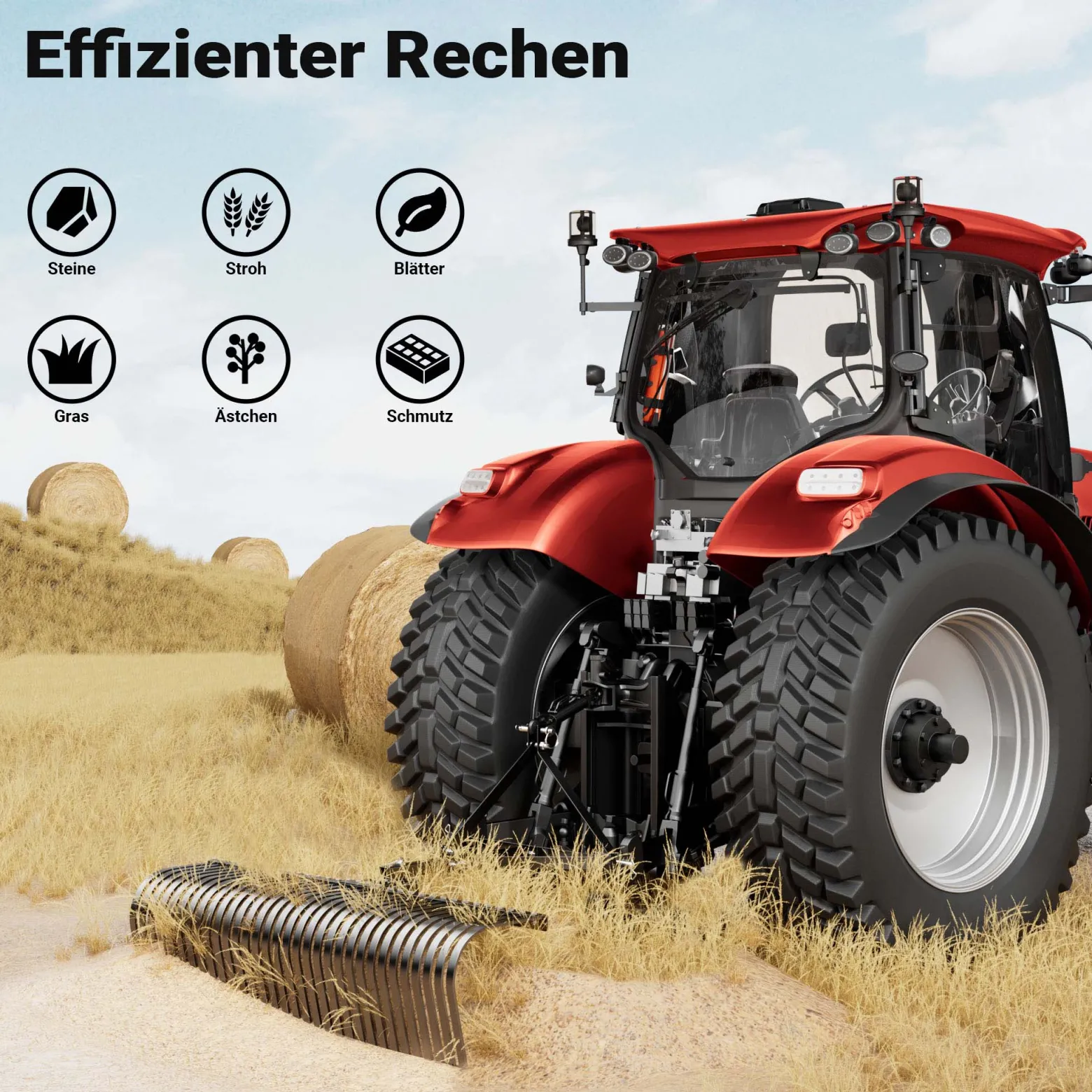 Wiltec Rasentraktor Heuharke mit 152 cm Arbeitsbreite, Heurechen mit 32 Harkenzinken, Rechen mit 3-Punkt-Aufstecksystem mit 360° Drehung