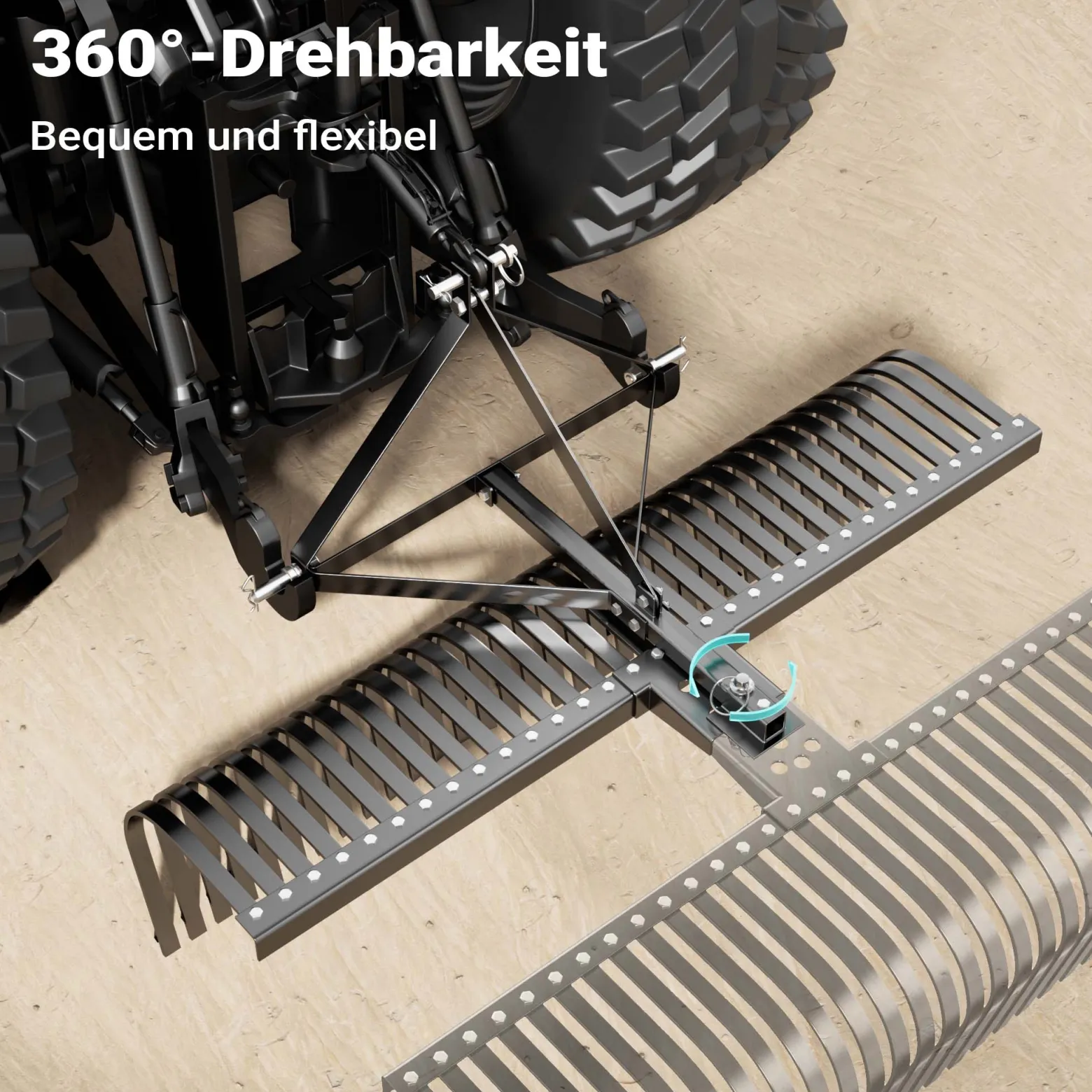 Wiltec Rasentraktor Heuharke mit 152 cm Arbeitsbreite, Heurechen mit 32 Harkenzinken, Rechen mit 3-Punkt-Aufstecksystem mit 360° Drehung