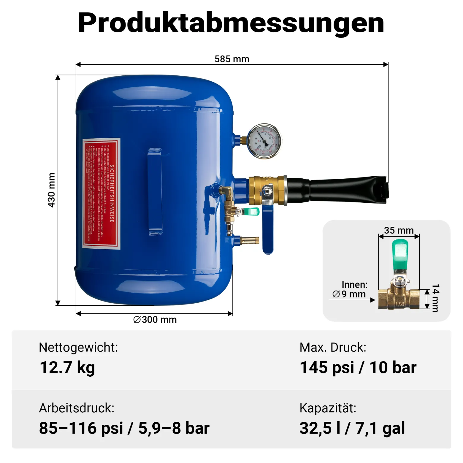 Wiltec Reifen-Booster 32,5 l, Druckluft Reifenbefüller 6-8 bar Arbeitsdruck, 46 x 30 cm, für verschiedene Reifen, Reifenfüllkanone max. 10 bar