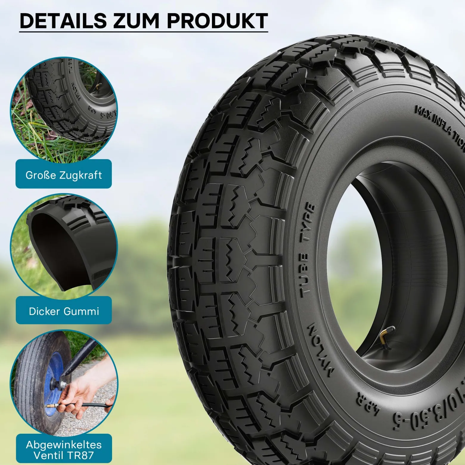 Wiltec Reifen für Aufsitzmäher 11x4.10/3.50-5 4pr mit Schlauch und Winkelventil Komplettrad Rasentraktor