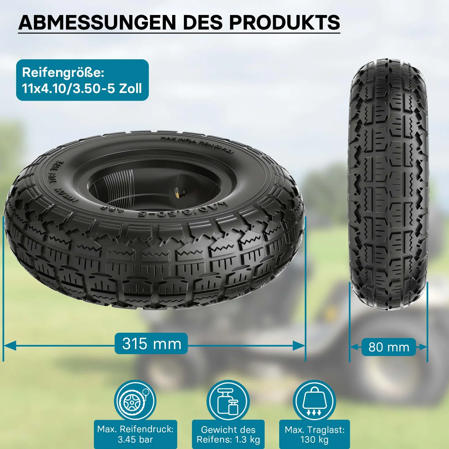 Wiltec Reifen für Aufsitzmäher 11x4.10/3.50-5 4pr mit Schlauch und Winkelventil Komplettrad Rasentraktor