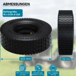 Wiltec Reifen für den Aufsitzmäher 16x6.50-8 4pr mit Schlauch und Winkelventil Komplettrad Rasentraktor