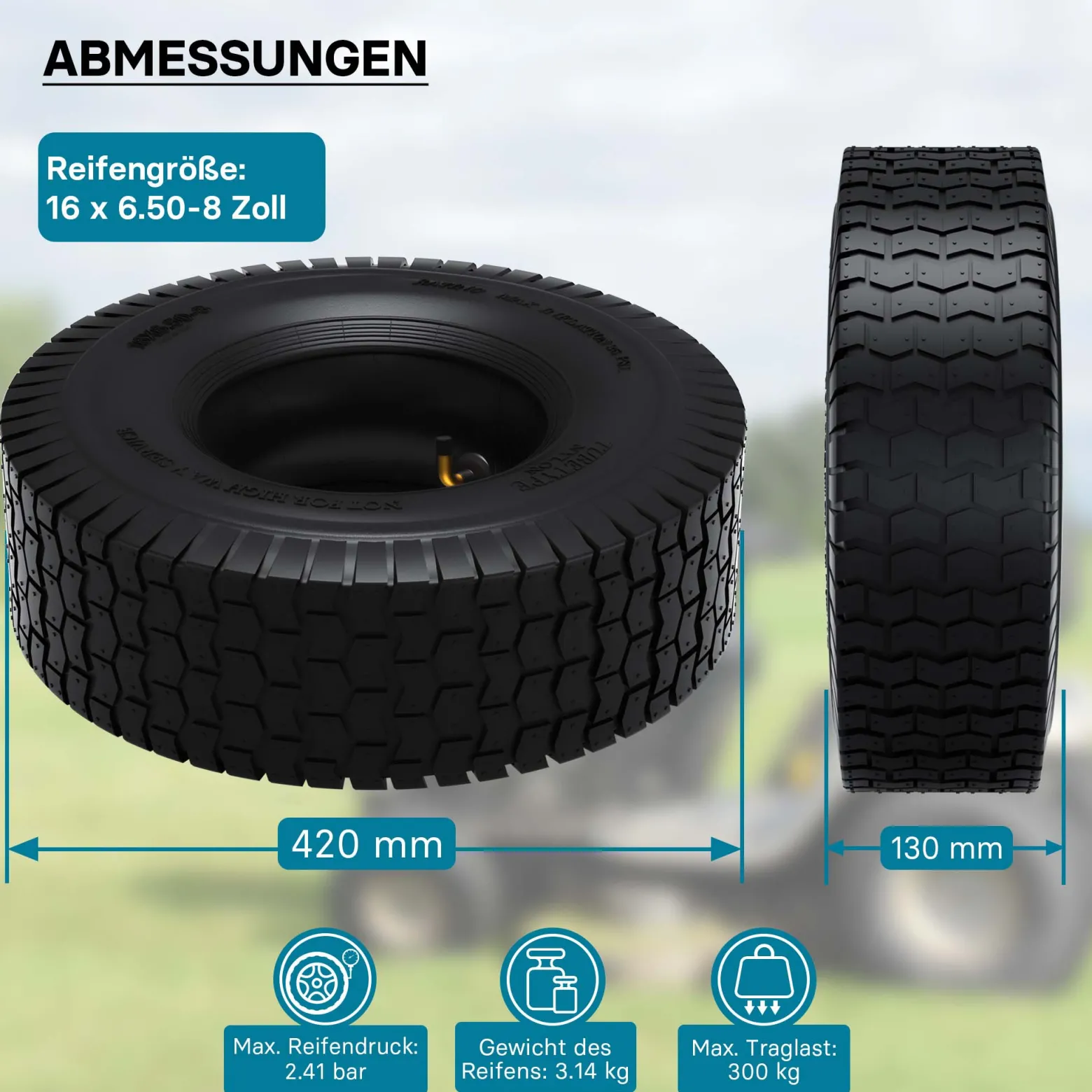 Wiltec Reifen für den Aufsitzmäher 16x6.50-8 4pr mit Schlauch und Winkelventil Komplettrad Rasentraktor