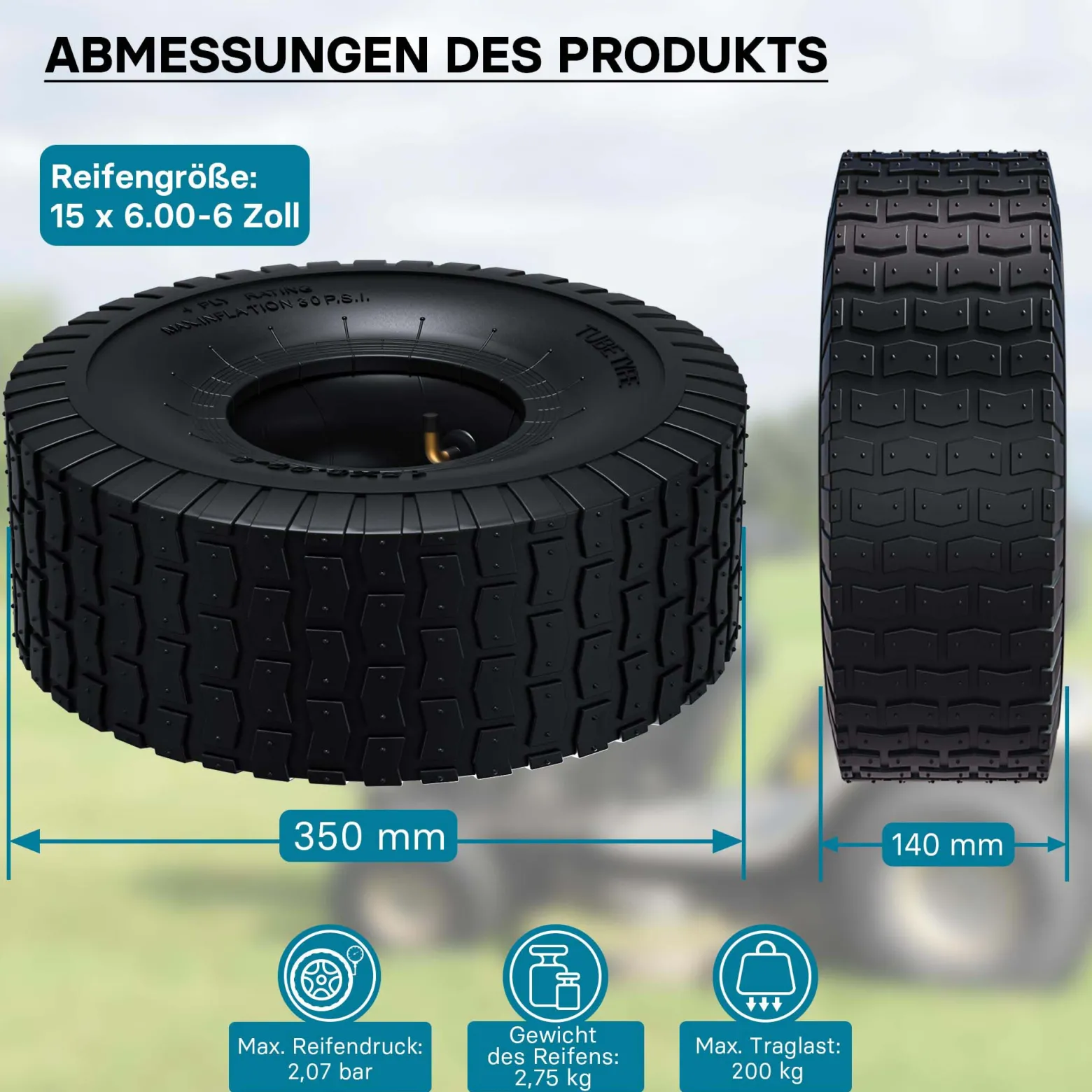 Wiltec Reifen für den Aufsitzmäher 15x6.00-6 4pr mit Schlauch und Winkelventil Komplettrad Rasentraktor