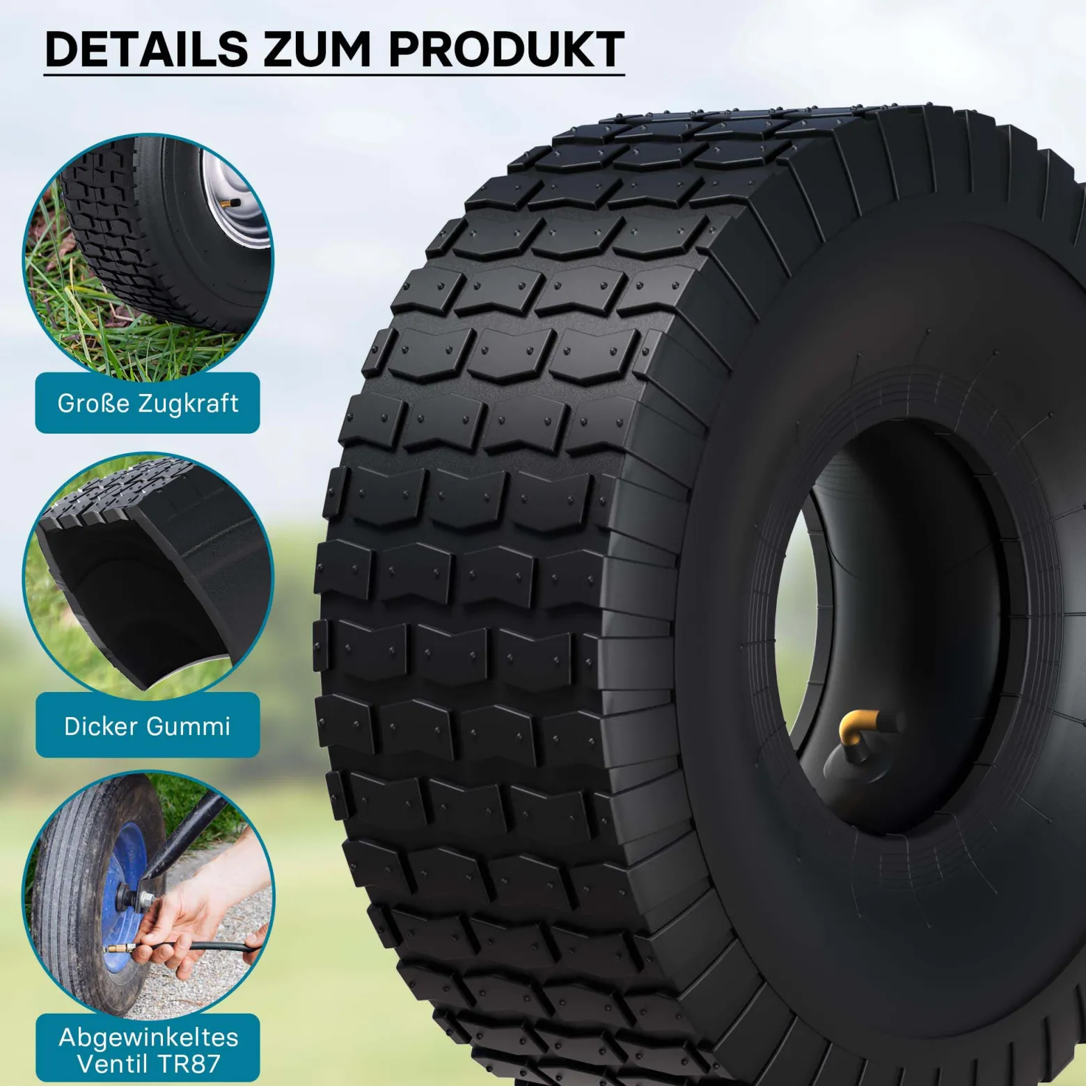 Wiltec Reifen für den Aufsitzmäher 15x6.00-6 4pr mit Schlauch und Winkelventil Komplettrad Rasentraktor