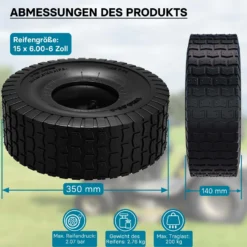 Wiltec Reifen für den Aufsitzmäher 15x6.00-6 4pr mit Schlauch und geradem Ventil Komplettrad Rasentraktor