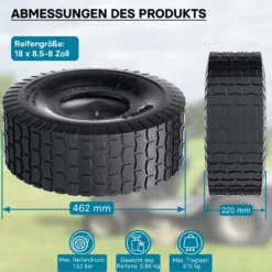 Wiltec Reifen für den Aufsitzmäher 18x8.50-8 4pr mit Schlauch und Winkelventil Komplettrad Rasentraktor