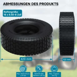 Wiltec Reifen für den Aufsitzmäher 16x6.50-8 4pr mit Schlauch und geradem Ventil Komplettrad Rasentraktor