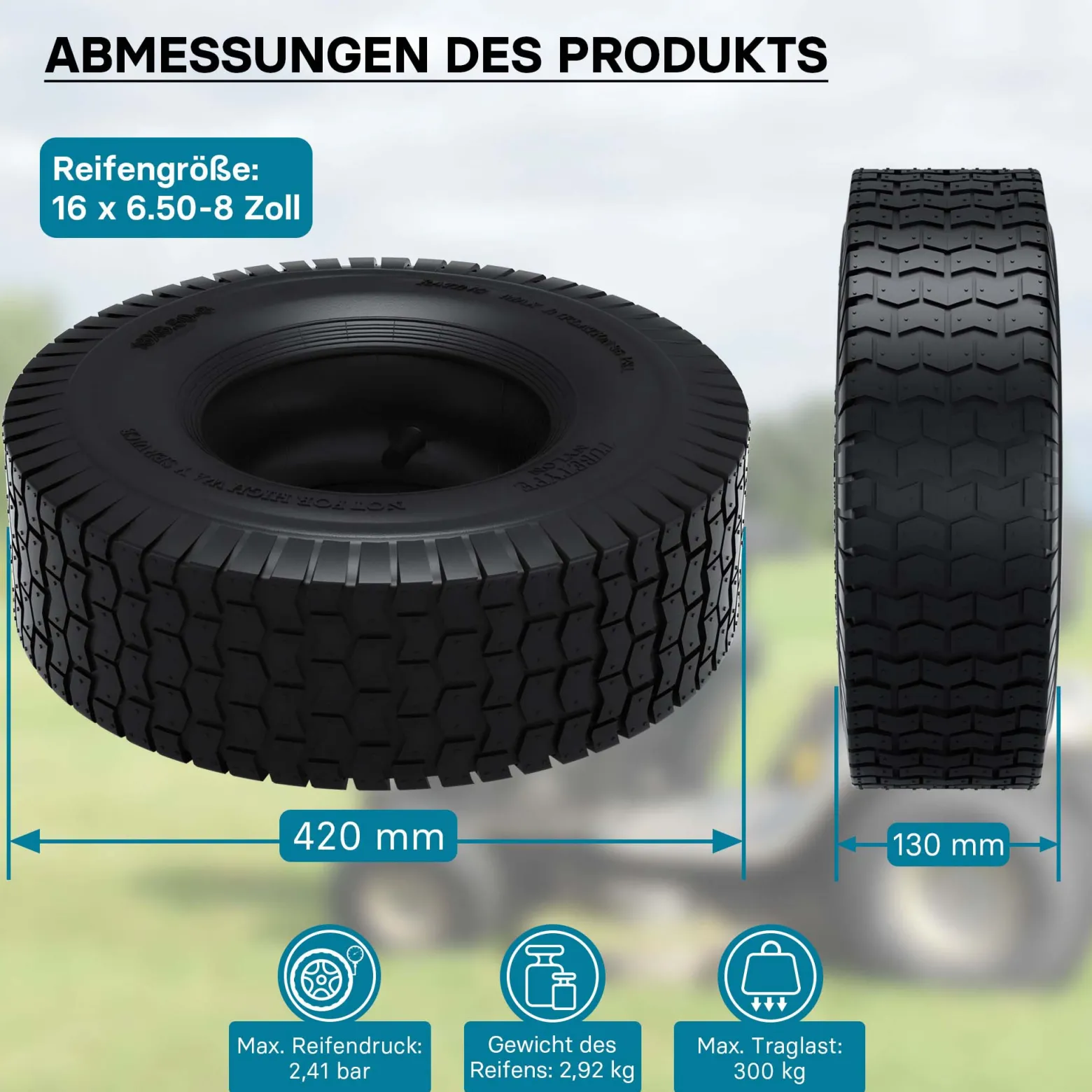 Wiltec Reifen für den Aufsitzmäher 16x6.50-8 4pr mit Schlauch und geradem Ventil Komplettrad Rasentraktor