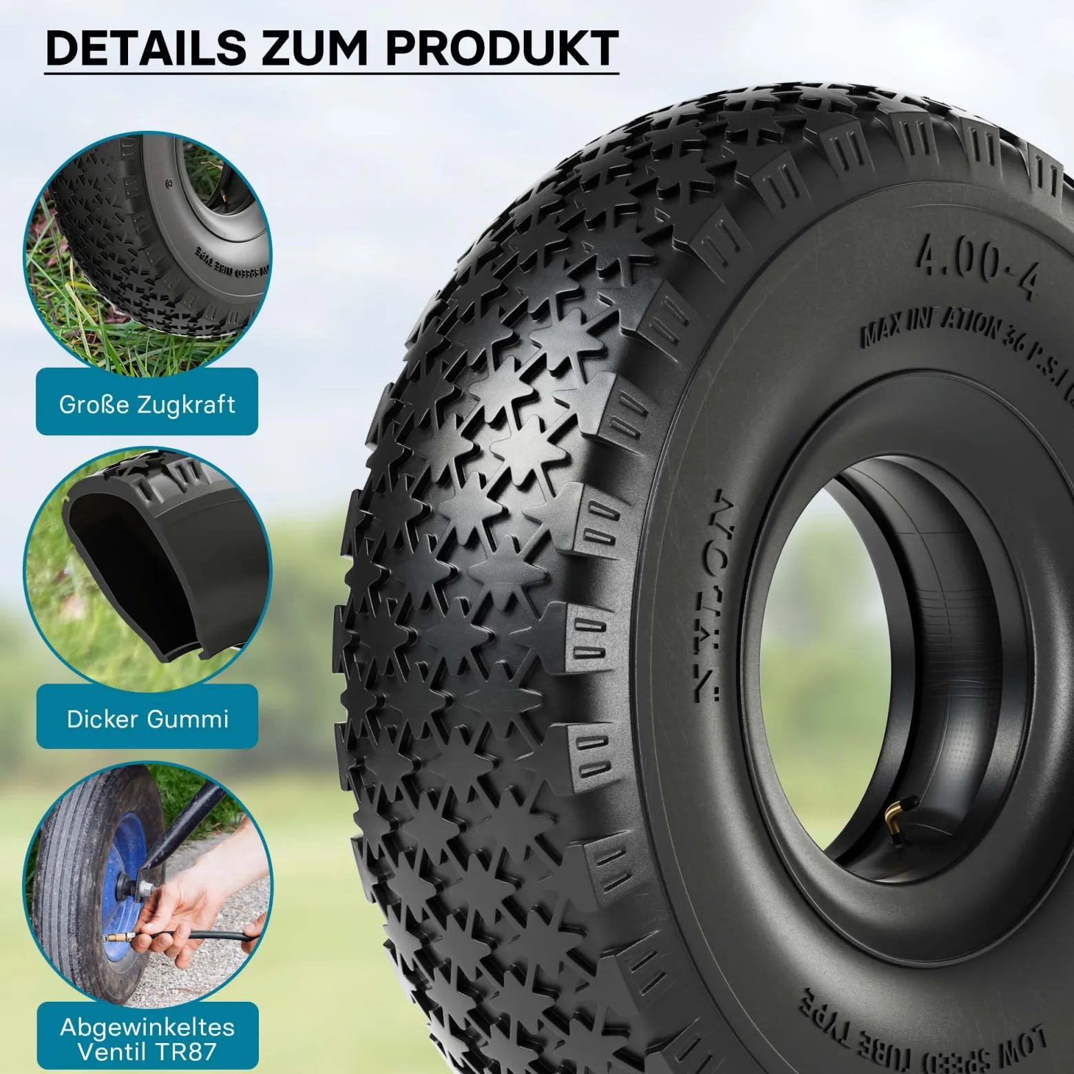 Wiltec Reifen für den Aufsitzmäher 11x4.00-4 4pr mit Schlauch und Winkelventil Komplettrad Rasentraktor