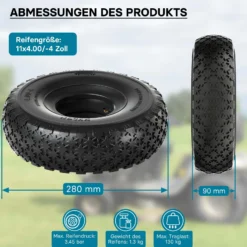 Wiltec Reifen für den Aufsitzmäher 11x4.00-4 4pr mit Schlauch und Winkelventil Komplettrad Rasentraktor