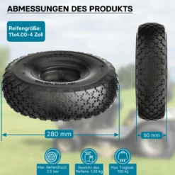 Wiltec Reifen für den Aufsitzmäher 11x4.00-4 4pr mit Schlauch und geradem Ventil Komplettrad Rasentraktor