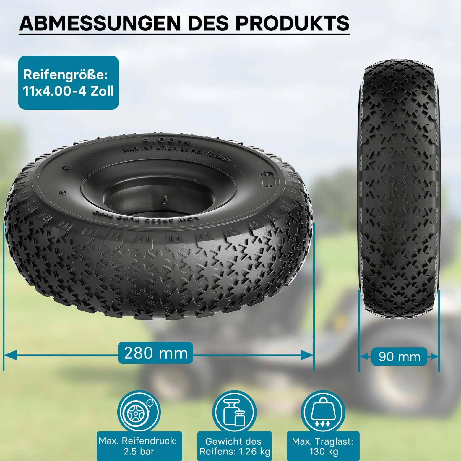 Wiltec Reifen für den Aufsitzmäher 11x4.00-4 4pr mit Schlauch und geradem Ventil Komplettrad Rasentraktor