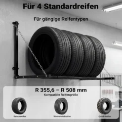 Wiltec Reifenhalter – 1370 x 730 x 705 mm, einstellbare Breite – für 4 Reifen – bis 130 kg – aus Stahl – für Wandmontage zur Lagerung von Reifen – Felgenbaum Reifenregal Felgenregal Reifenständer
