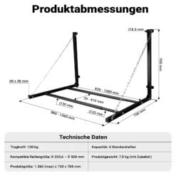 Wiltec Reifenhalter – 1370 x 730 x 705 mm, einstellbare Breite – für 4 Reifen – bis 130 kg – aus Stahl – für Wandmontage zur Lagerung von Reifen – Felgenbaum Reifenregal Felgenregal Reifenständer