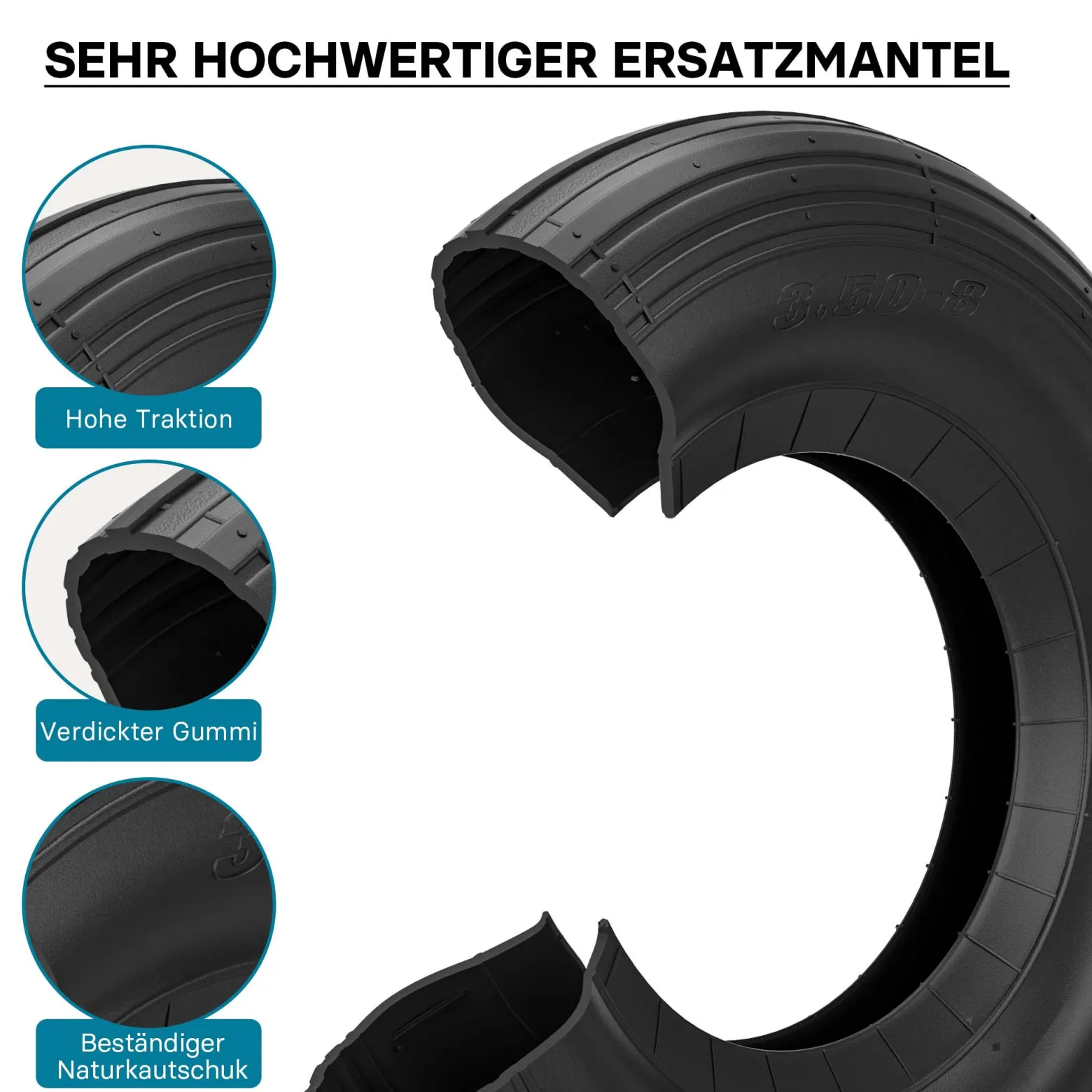 Wiltec Reifenmantel 3.50-8 350 x 100 mm, 130 kg für Schubkarrenreifen, Schubkarre Rad Reifen, Mantel Luftrad