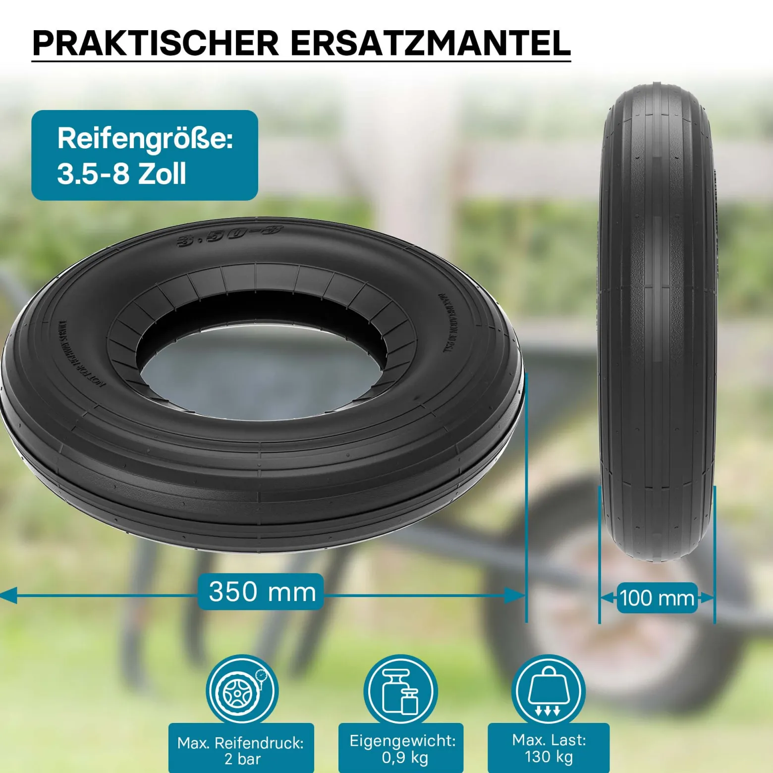 Wiltec Reifenmantel 3.50-8 350 x 100 mm, 130 kg für Schubkarrenreifen, Schubkarre Rad Reifen, Mantel Luftrad