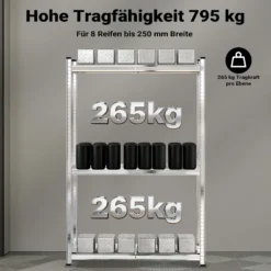 Wiltec Reifenregal – 180 x 120 x 40 cm – bis 795 kg – für 8 Reifen – aus Stahl – Werkstattregal Lagerregal Reifenständer Schwerlastregal